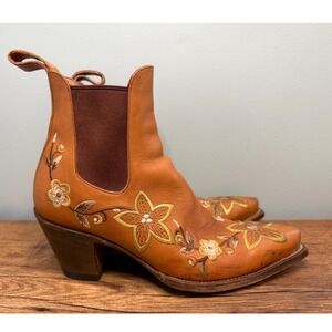 Caborca Tan Leather Floral Embroidered Western Ankle Boots Boho Pointed Toe 7B